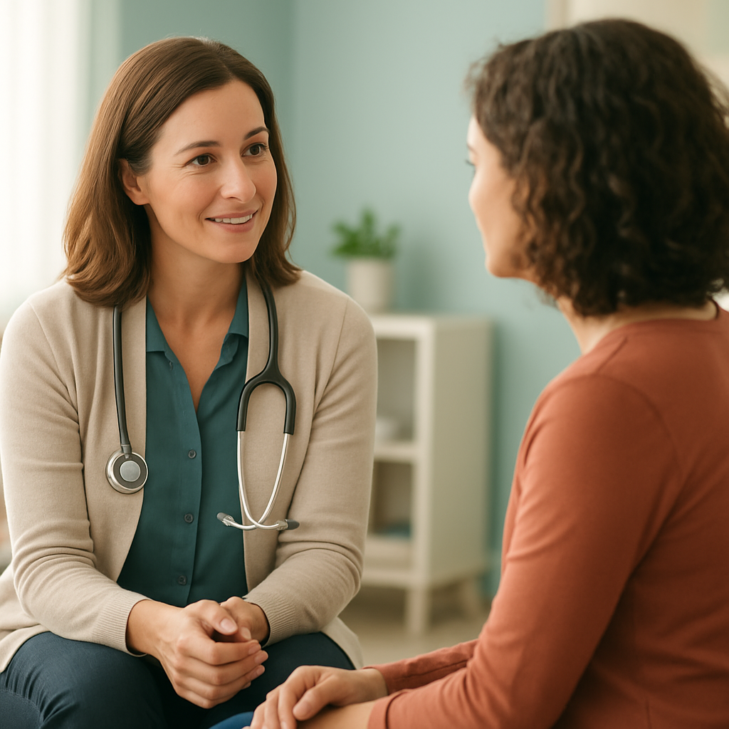 A clinician speaking compassionately with a client