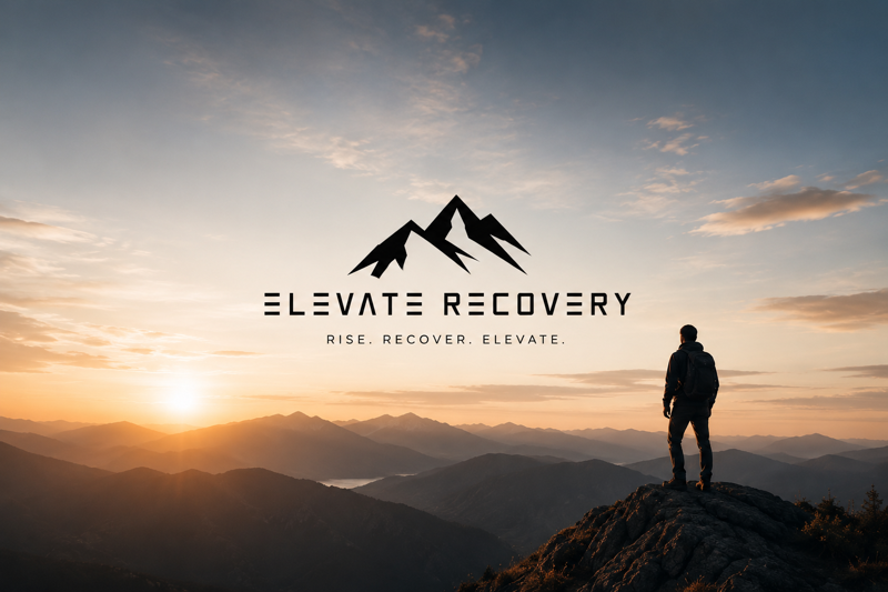 Elevate Recovery — Rise. Recover. Elevate. A person standing on a mountain summit at sunrise.