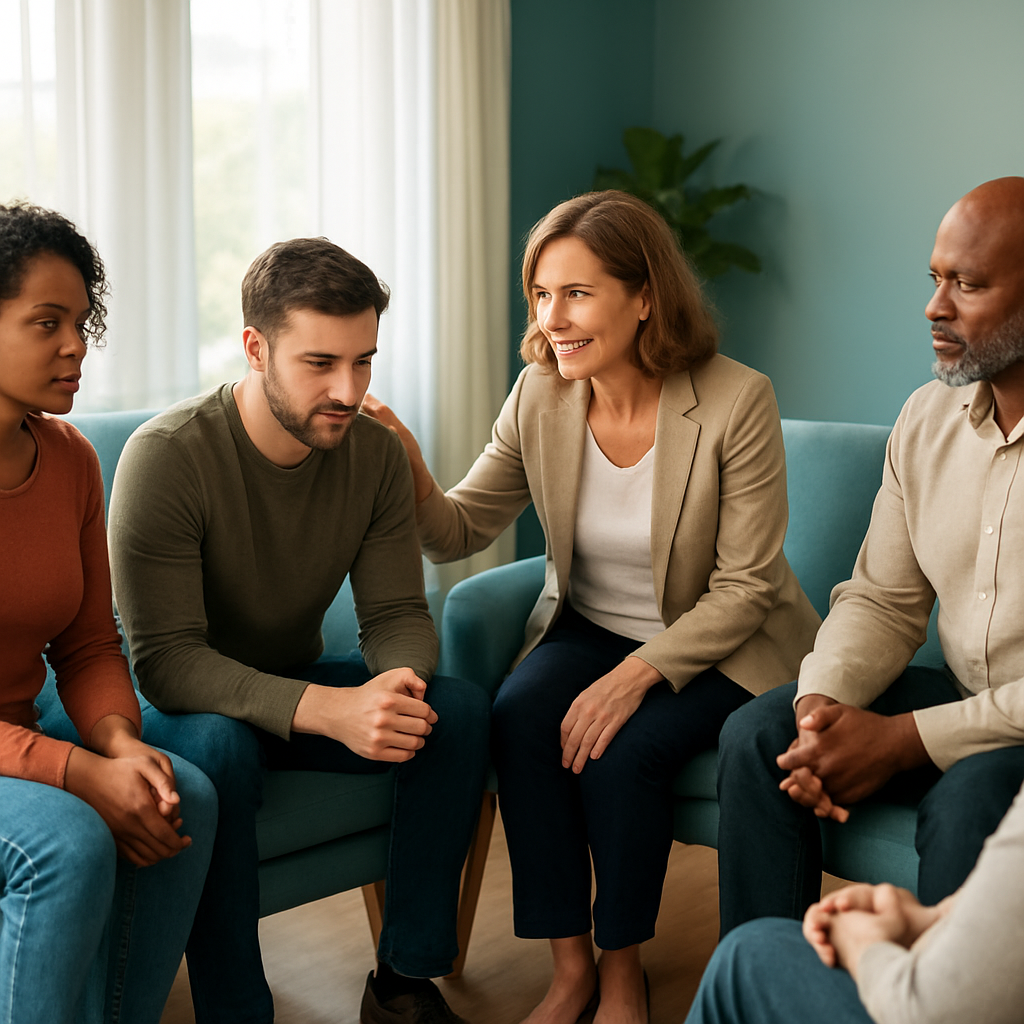 A supportive group therapy session in a bright counseling room