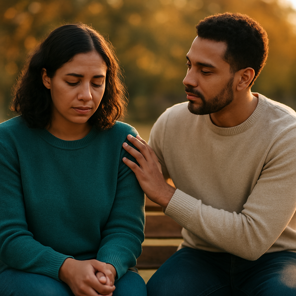 Two people sitting together offering support outdoors